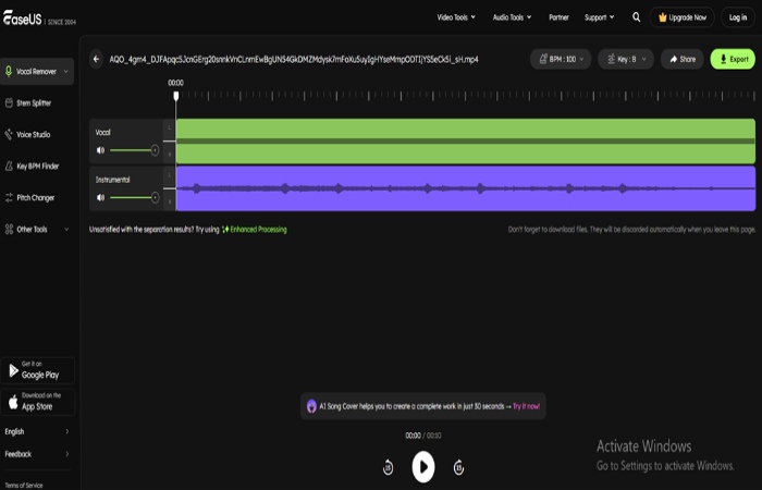 The AI will separate vocals from music